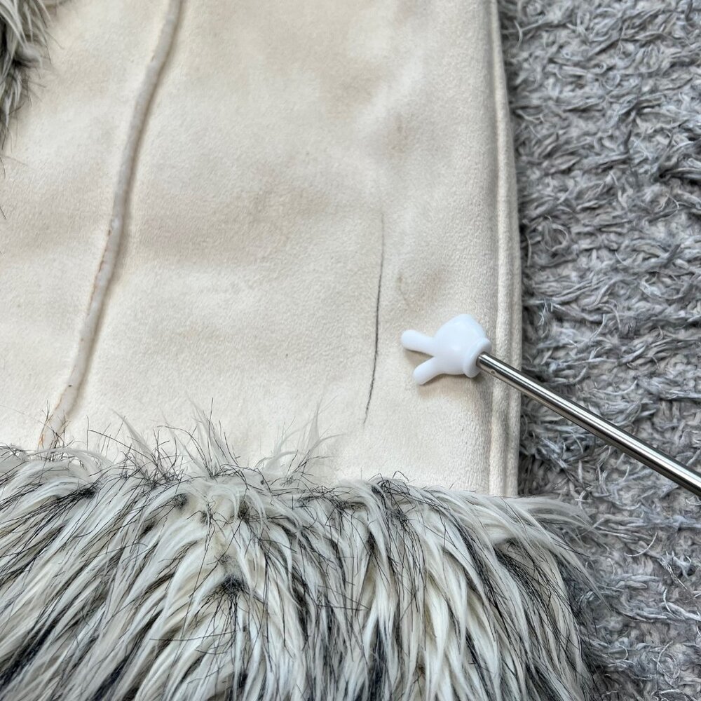 Y2K Bebe Ivory Faux Suede M Fur Trim Hooded Long Penny Lane Style Coat 2000s - Picture 10 of 16